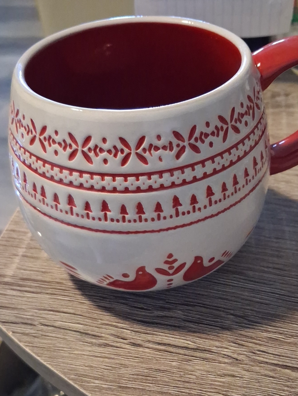 Hearth & Hand White Ceramic Mug with Red Folk Motif- 14oz Fair Isle